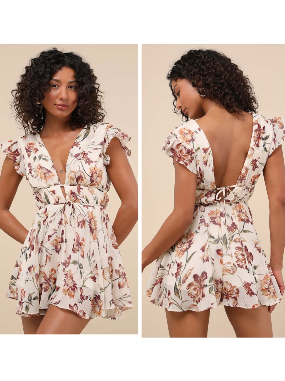 Lulus Flirty Ways Cream Floral Print Flutter Sleeve Romper Size Large Feminine